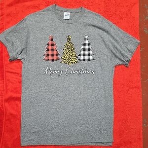 Gray Merry Christmas T-Shirt with Festive Trees